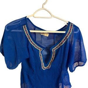 Hollister Blue Sheer Blouse with Colorful Embroidery